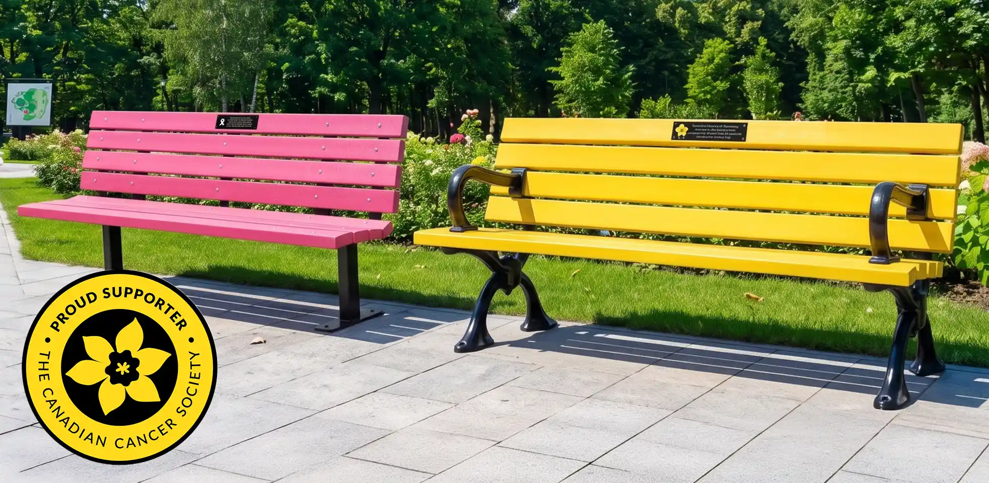 Pink and yellow cancer awareness benches from Classic Displays supporting the Canadian Cancer Society